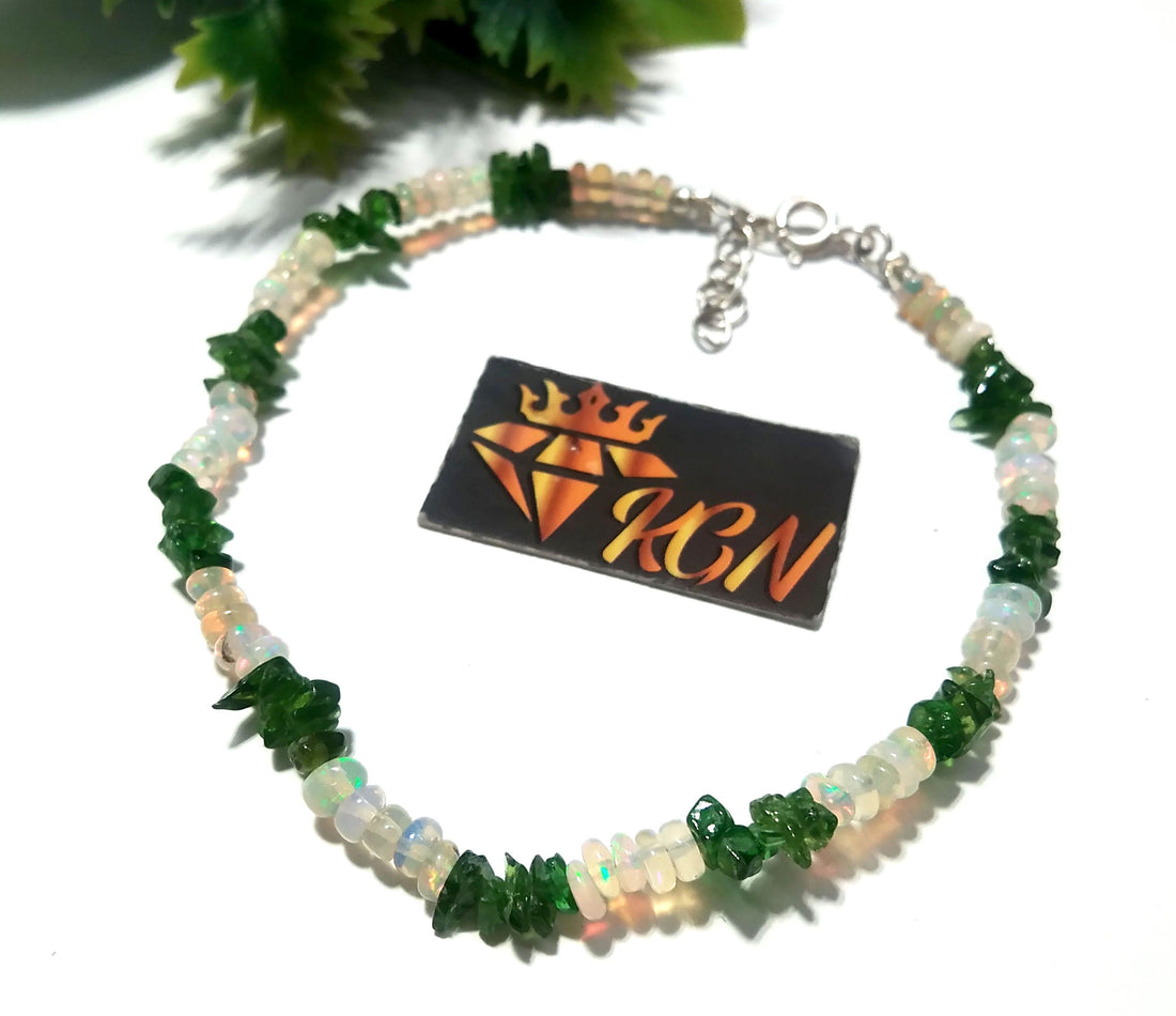 Natural Ethiopian Opal & Green Garnet Bracelet, Flashy Opal Gemstone Bracelet, December Birthstone Gift, Handmade Opal Jewelry, Gift For Her