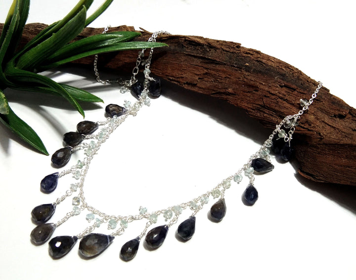 Natural Iolite Drop's Stone Chain Necklace Jewelry, 925 Starling Silver Chain Necklace, Top Color Iolite Gift Necklace, For Girls & Women