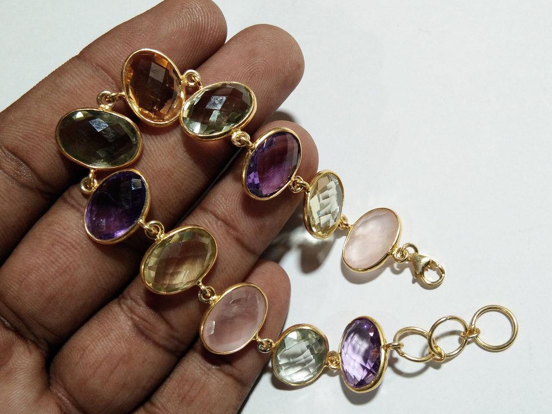 Green Amethyst,Amethyst,Citrine & Rose Quartz Bracelet, 925 Sterling Silver Jewelry, Good Quality Gemstone Bracelet, For Girls/Women Gift