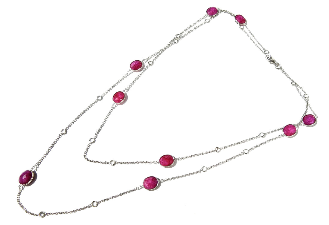 Ruby Necklace in 925 Sterling Silver With Zircon Polky Necklace, Handmade Bezel Necklace 40" Inches Length.