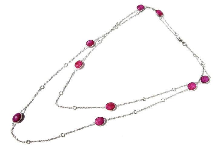 Ruby Necklace in 925 Sterling Silver With Zircon Polky Necklace, Handmade Bezel Necklace 40" Inches Length.