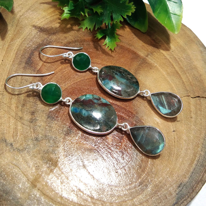 Natural Azurite,Labradorite Gemstone Earring, 925 Solid Starling Silver Earring, Handmade Silver Jewelry Blue Labradorite Stone Earring Gift