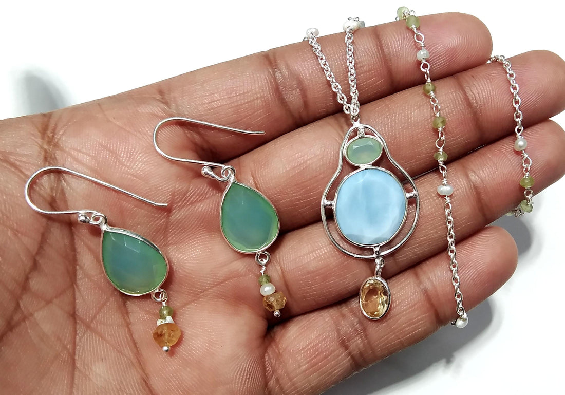 Natural Blue Opal,Chrysoprase,Citrine Gemstone Necklace Earring Jewelry Set, 925 Sterling Silver Necklace Earring Jewelry, Gift For Women.