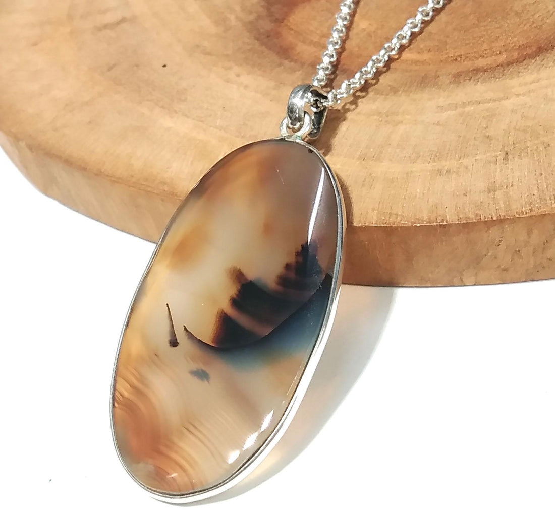 Natural Montana Agate Gemstone Pendant, 925 Starling Silver Pendant Necklace Chain, Handmade Jewelry Stone Size 40x22 mm Gift Pendant