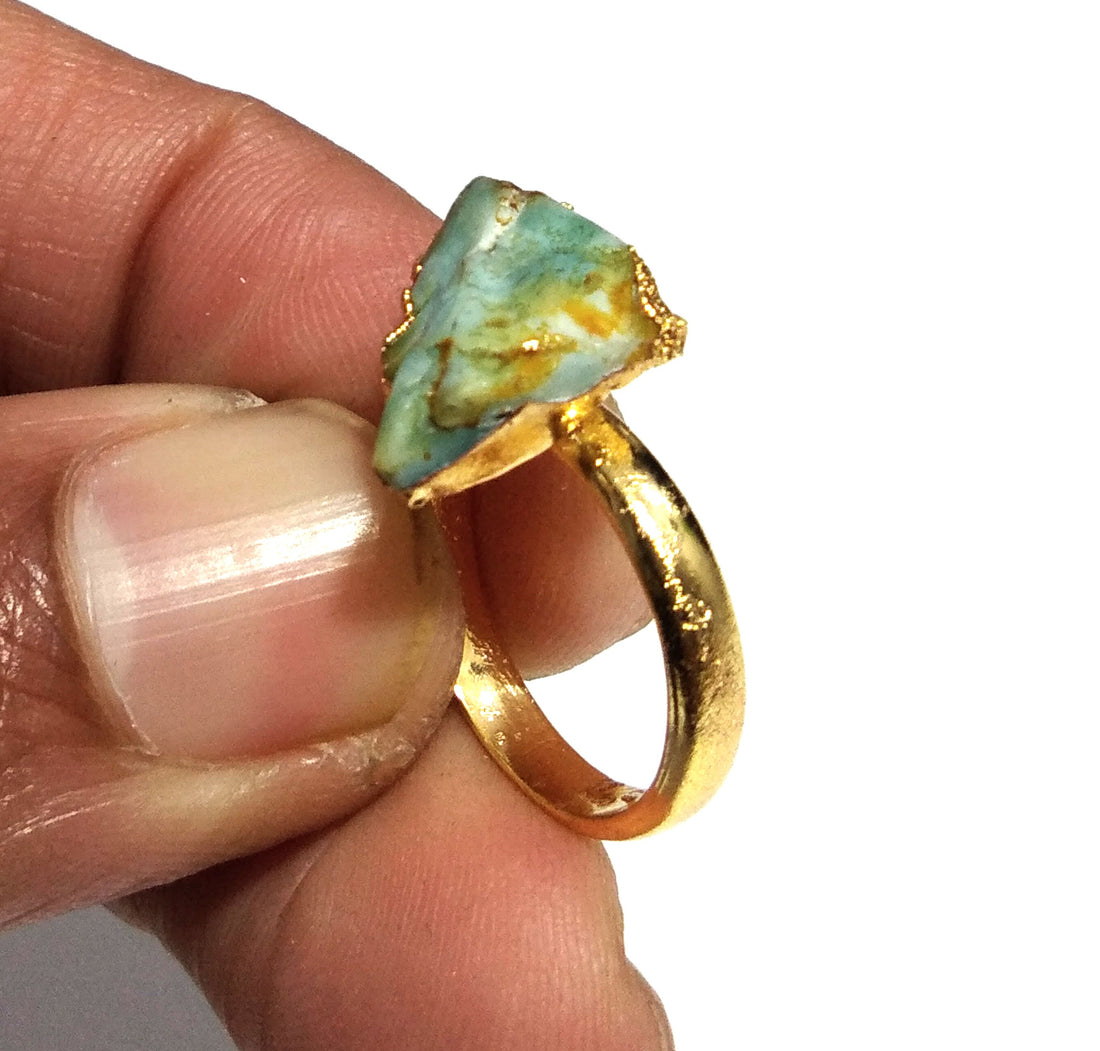 Natural Raw Larimar Rough Stone Ring, 925 Solid Sterling Silver Gold Plated Ring, Larimar Stone Size 12x13 mm Handmade Gift Statement Ring