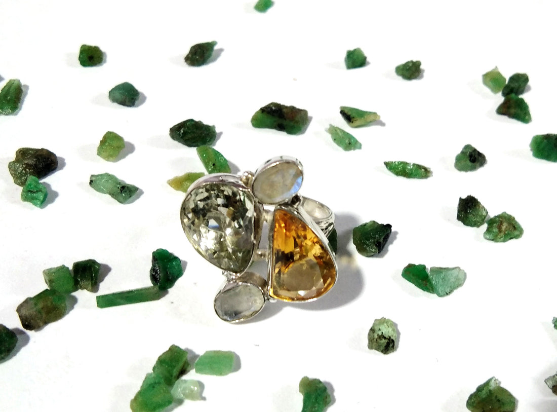 Green Amethyst, Citrine & Rainbow Moonstone Rings, 925 Sterling Silver Jewelry, Multi Natural Gemstone Ring, Handmade Jewelry