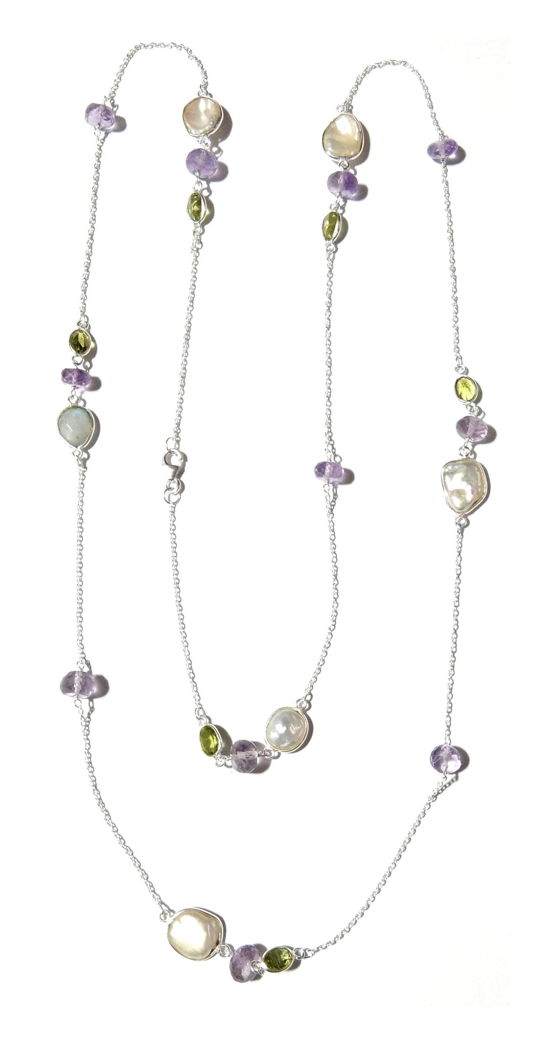 Beaded Log Necklace ! 925 Starling Silver With Natural Gemstone Peridot, Amethyst & Fresh Water Pearl Necklace, Beautiful Necklace For Women