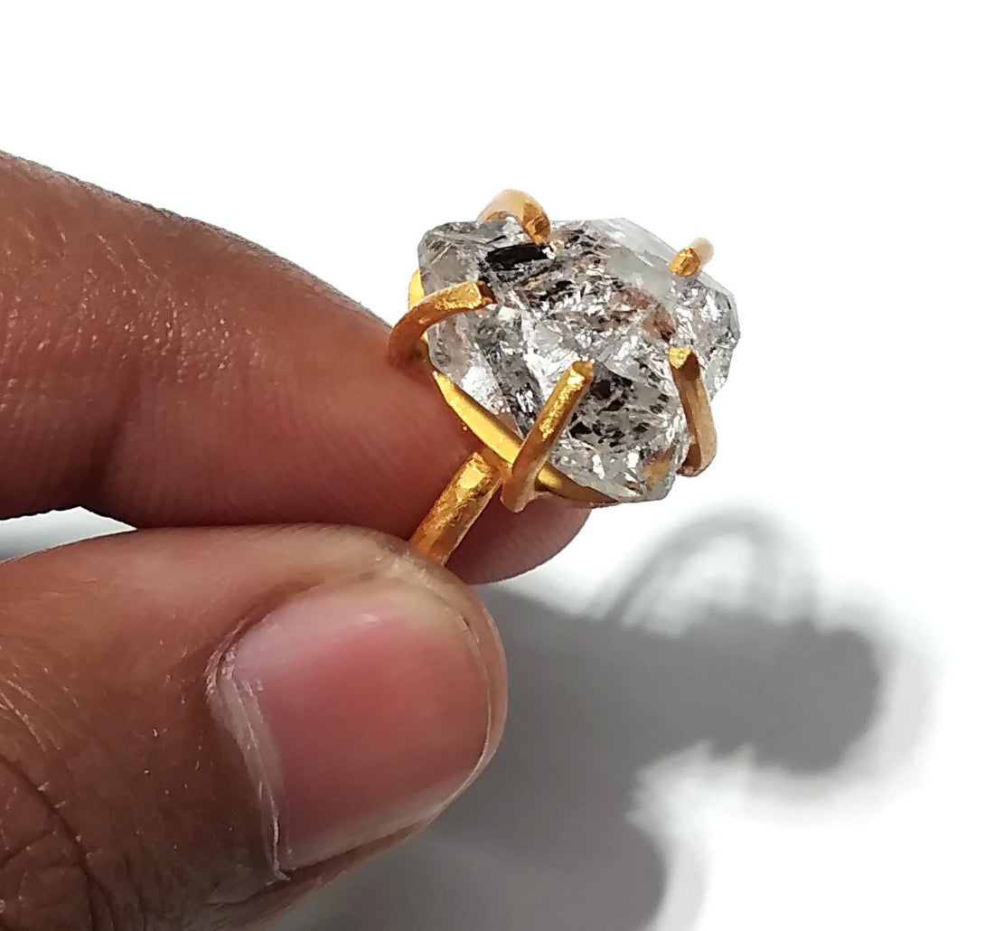 Herkimer Diamond Ring, Raw Herkimer Diamond Ring, 925 Sterling Silver Gold Plated Ring, Nice Design Good Making Gift Ring, For Men & Women.