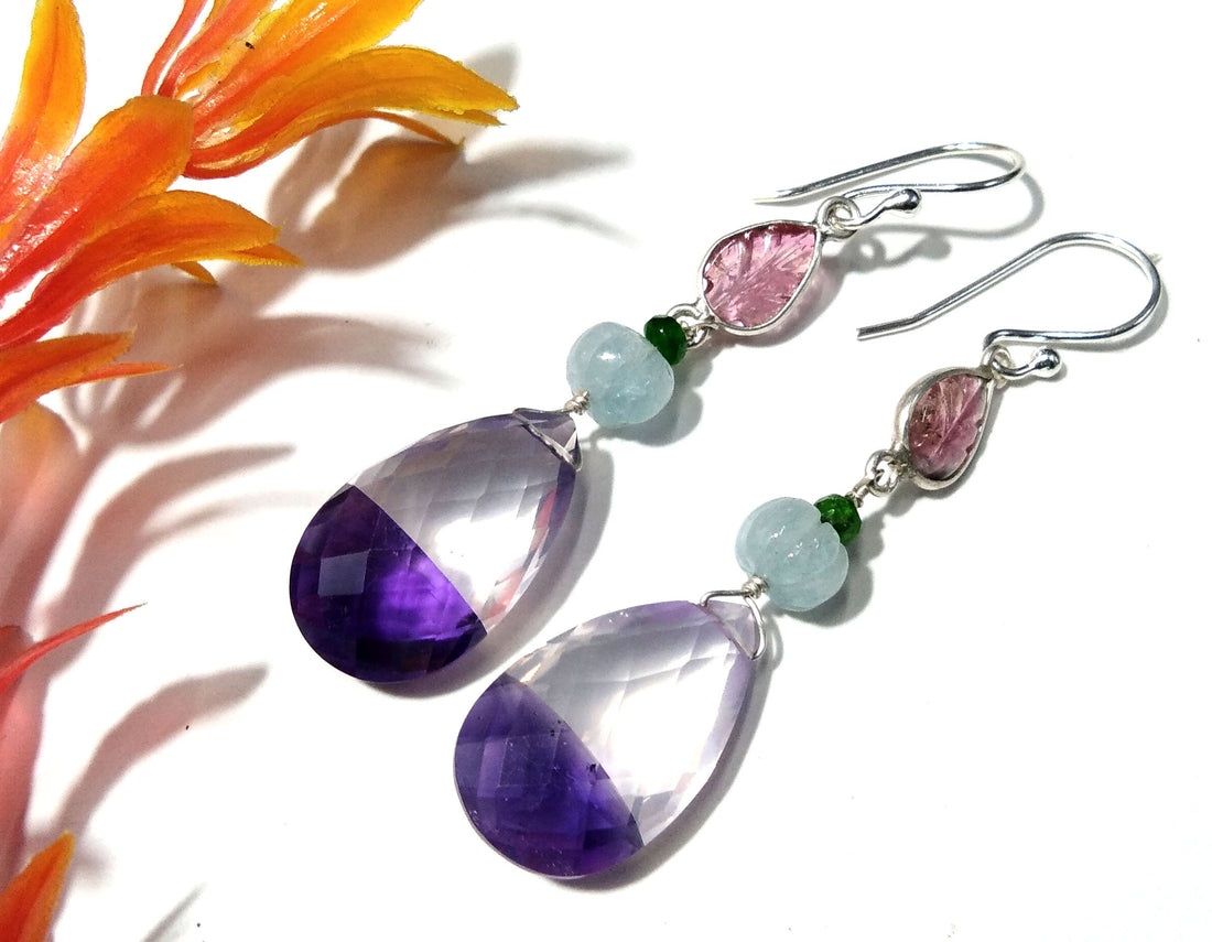 Amazing Natural Doublet Light & Dark Amethyst, Aquamarine, Tourmaline Mix Gemstone Earring, 925 Sterling Silver Jewelry For Girls/Women Gift