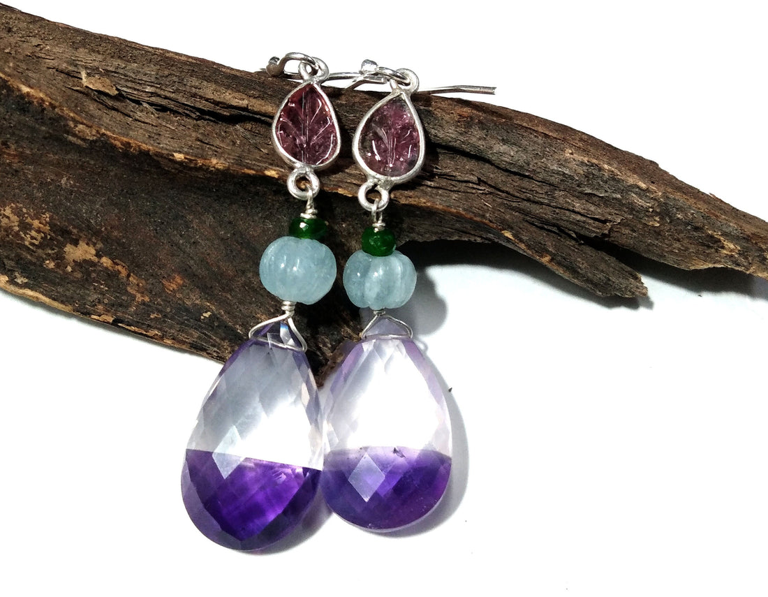 Amazing Natural Doublet Light & Dark Amethyst, Aquamarine, Tourmaline Mix Gemstone Earring, 925 Sterling Silver Jewelry For Girls/Women Gift