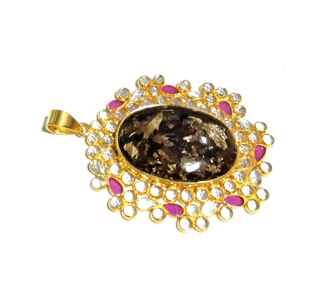 Natural Bronzite/White Zircon Stone Pendant, 925 Solid Starling Silver Gold Plated Pendant, Stone Size 30x20mm Gift Birthstone Pendant
