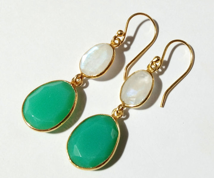 Beautiful Nice Earring ! Natural Gemstone Chryso Calcy & Rainbow Moonstone Earring, 925 Starling Silver With Gold Plated Earring For Women.
