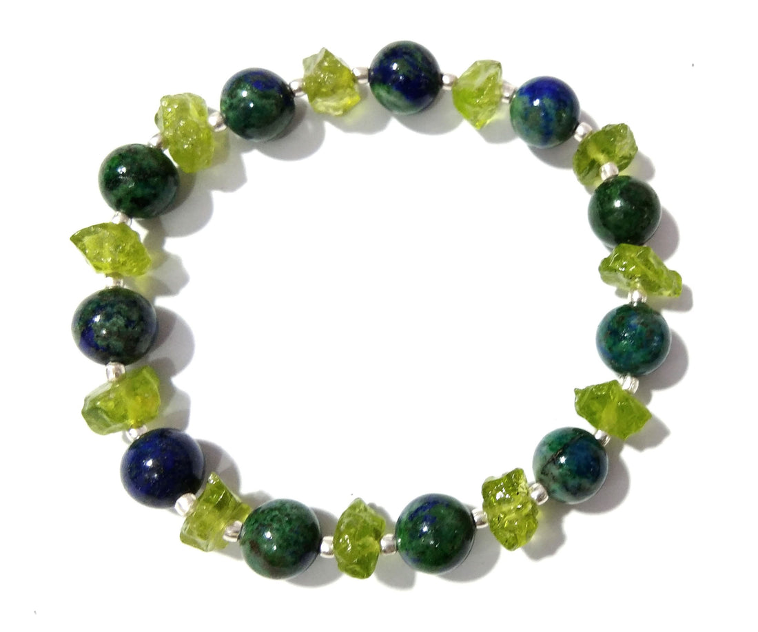 Natural Azurite Malachite & Peridot Stone Bracelet, 925 Sterling Silver Bracelet, Healing Crystal Beaded Bracelet Gift Easter day Bracelet
