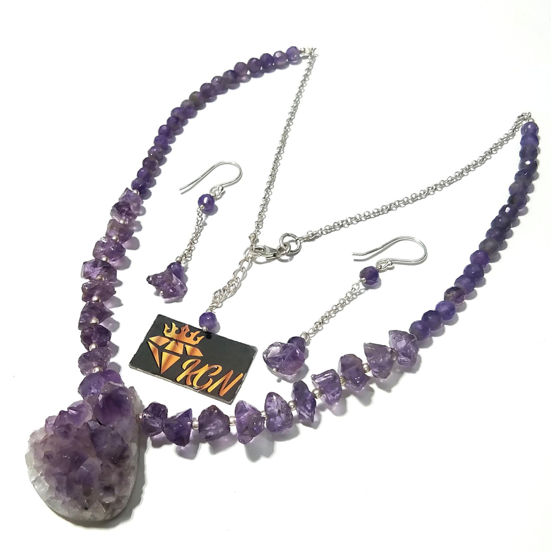 Amethyst Druzy Stone Rough Beads Necklace & Earrings Jewelry Set, 925 Sterling Silver Necklace Beaded Necklace Statement Jewelry