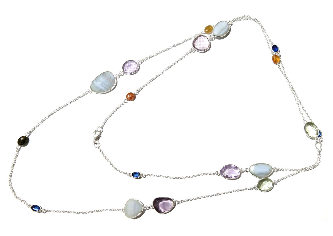 42'' Log Chain Bezel Necklace ! ALL Natural Gemstone Kyanite, Tourmaline, Amethyst & Blue Lace Necklace, 925 Solid Sterling Silver Jewelry.