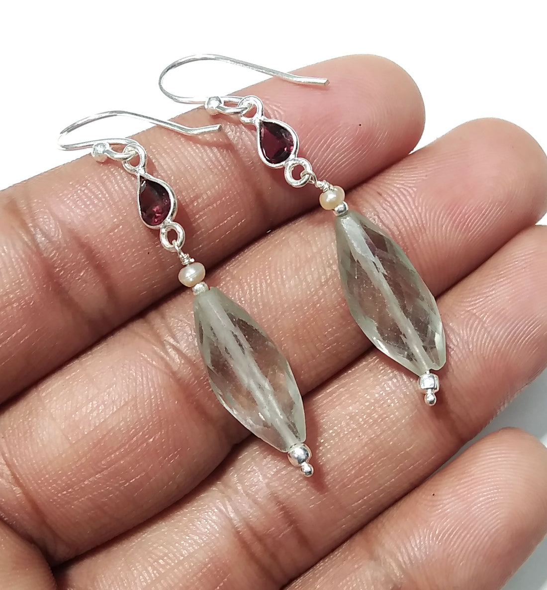 Natural Green Amethyst/Garnet Gemstone Drop Earring, 925 Solid Starling Silver Earring, Stone Size 19x7 mm Gift Birthday Earring Jewelry