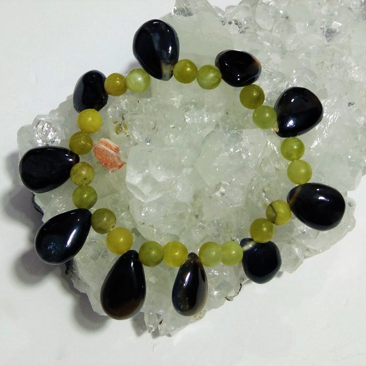 Black Banded Agate/Green Opal Bracelet Beads,Natural Opal Crystal Healing Unisex Stretch Bracelet Size 6x6mm to 16x12mm Stretchable Bracelet