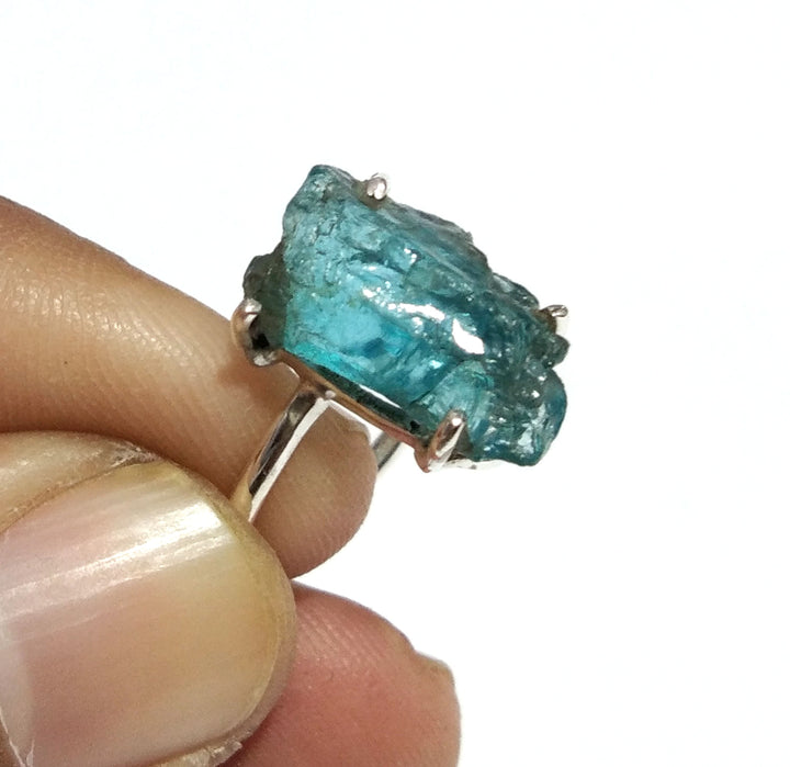 Natural Blue Apatite Rough Gemstone Ring, 925 Solid Sterling Silver Ring, Top Color Apatite Stone Size 17x9 mm Handmade Gift, Everyday Ring
