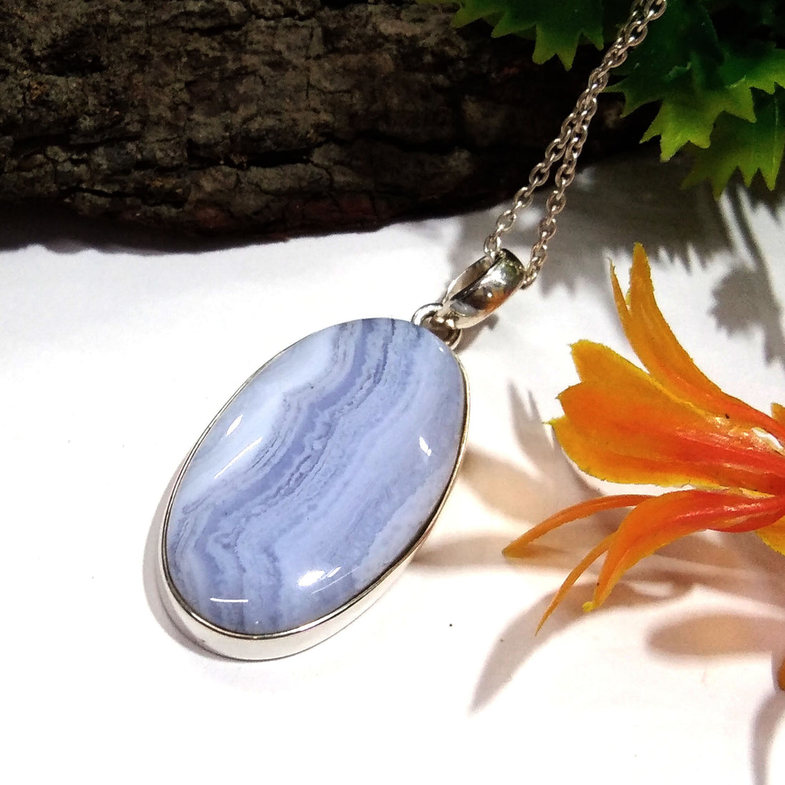 Natural Blue Lace Agate Gemstone Pendant Necklace Chain, 925 Starling Silver Pendant Necklace, Handmade Jewelry Stone Size 33x18 mm Pendant