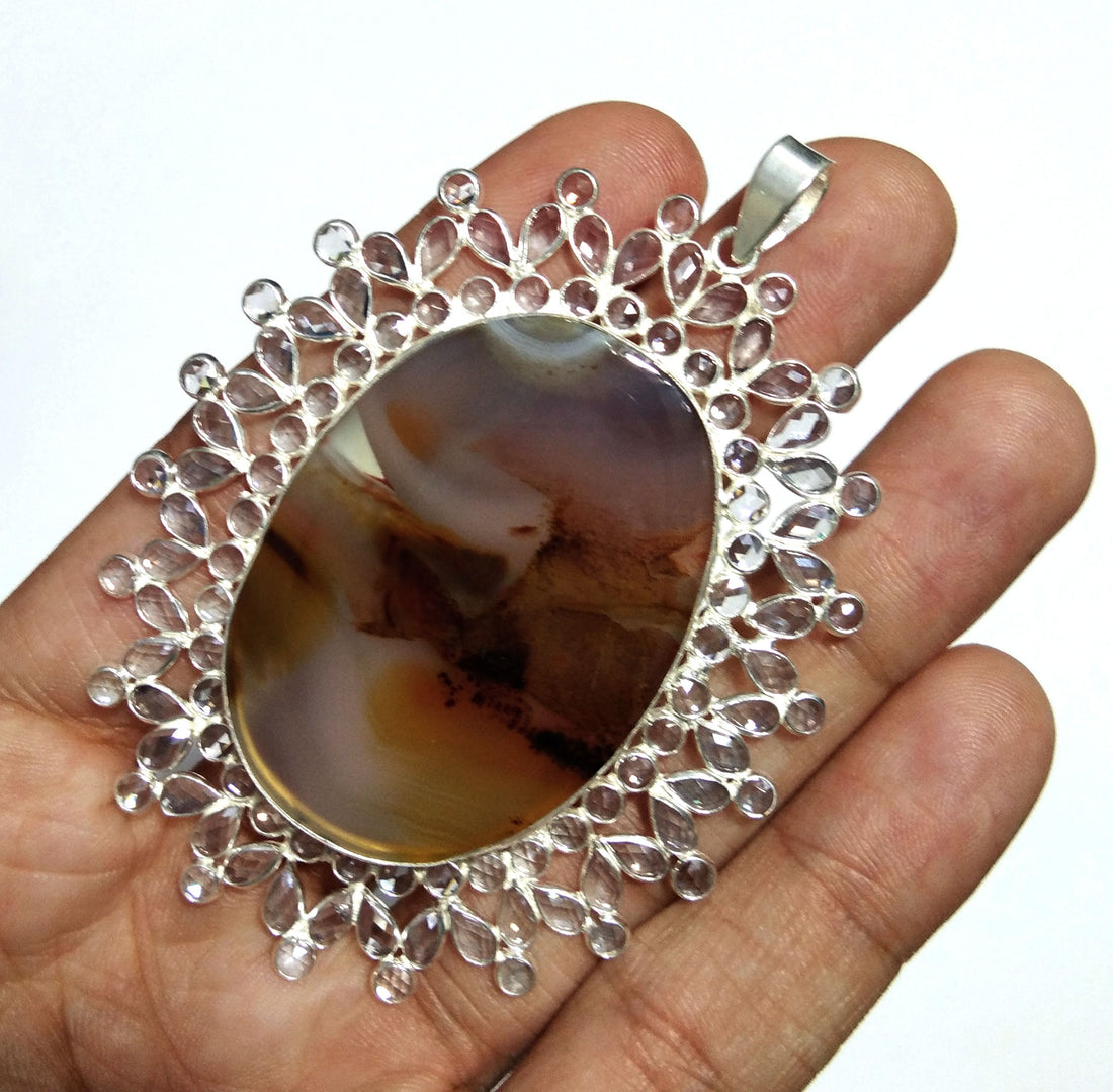 Natural Montana Agate, White Zircon Stone Pendant, 925 Solid Starling Silver Pendant, Stone Size 45x33mm For Gift Halloween day Sale Pendant