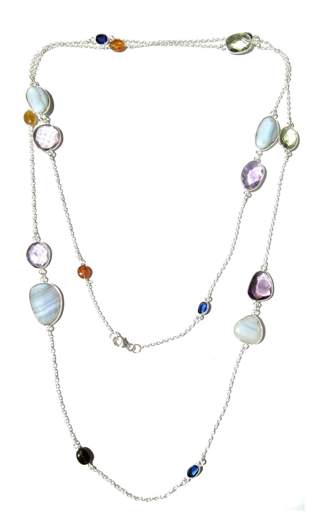 42'' Log Chain Bezel Necklace ! ALL Natural Gemstone Kyanite, Tourmaline, Amethyst & Blue Lace Necklace, 925 Solid Sterling Silver Jewelry.