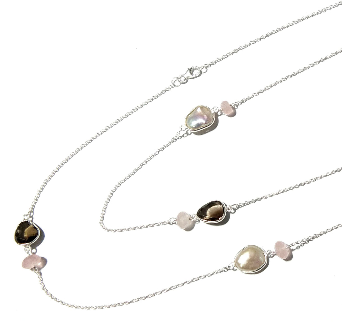 Very Beautiful Log Necklace ! Natural Gemstone Smoky Quartz, Rose Quartz & Pearl Log Beaded Necklace With 925 Starling Silver Length 40 inch