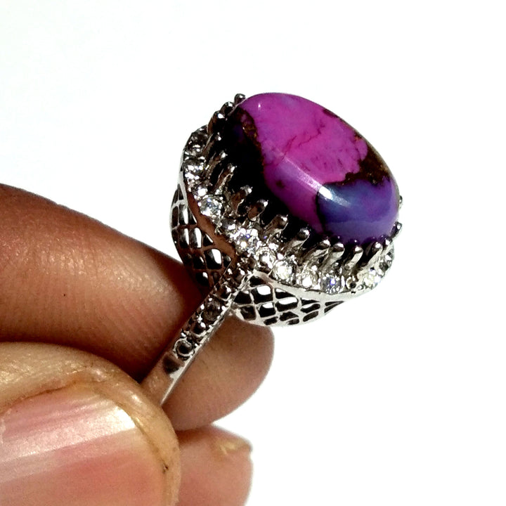 Purple Copper Turquoise and Zircon Ring, Stone 925 Solid Starling Silver Ring, Turquoise White Zircon Ring Jewelry Oval Shape for Gift Rings