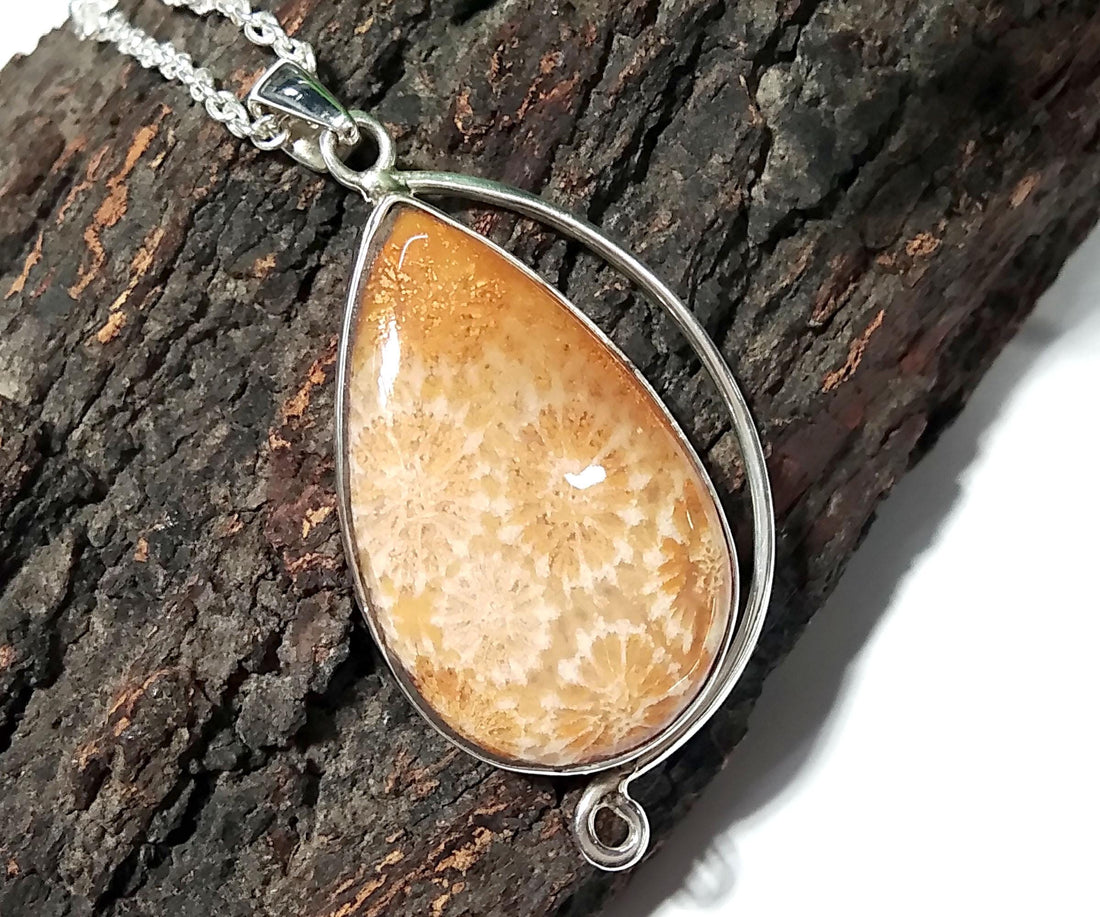 Good Quality Nature Fossil Coral Gemstone Pendant Chain Necklace With 925 Sterling Silver Pendant, Stylish Design Pendant, For Girls & Women