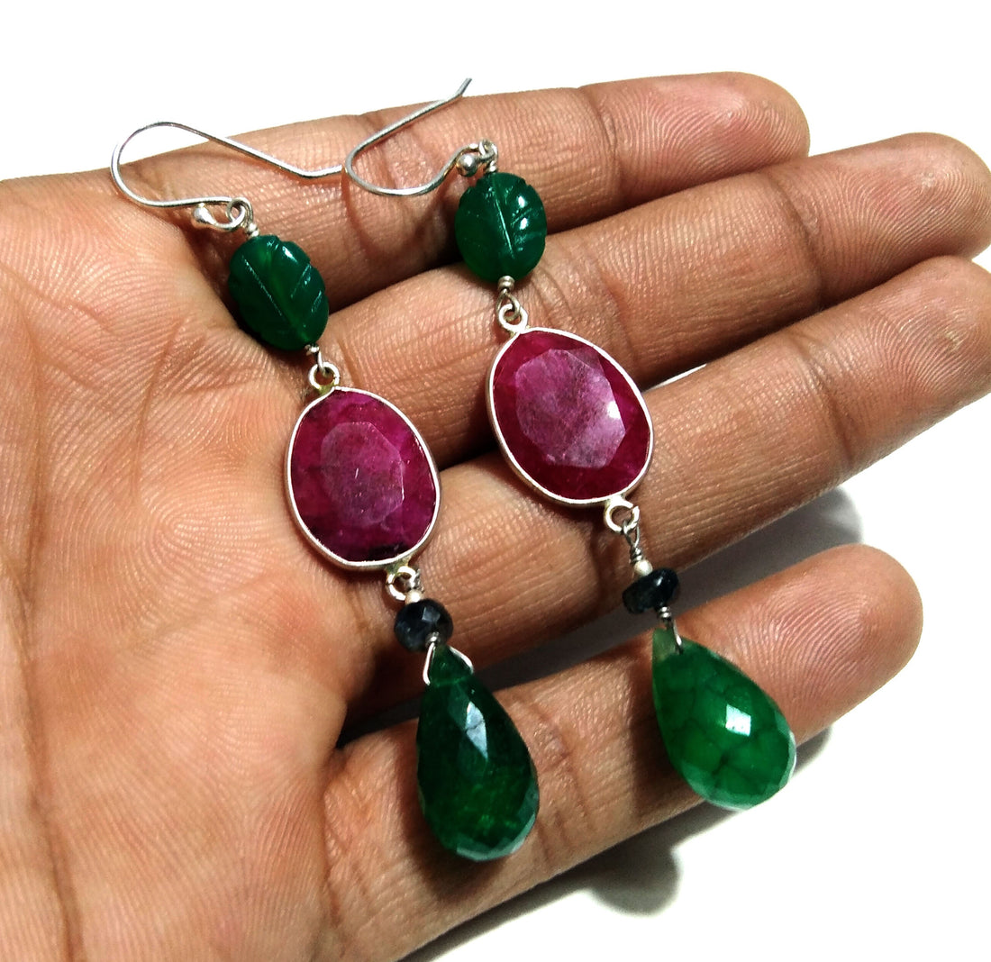 Red Ruby/Green Jade Earring, 925 Solid Starling Silver Earring, Amazing Ruby Stone Handmade Earring, Gift Women Christmas Earring Jewelry