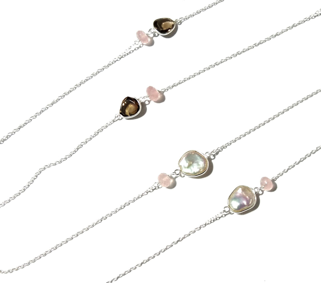 Very Beautiful Log Necklace ! Natural Gemstone Smoky Quartz, Rose Quartz & Pearl Log Beaded Necklace With 925 Starling Silver Length 40 inch