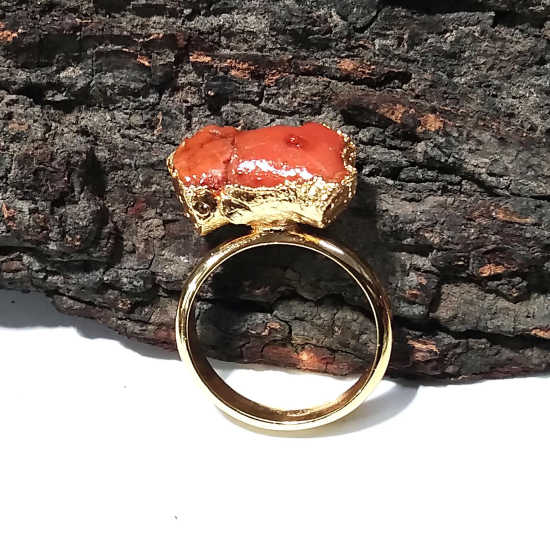 Natural Red Coral Rough Stone Ring, Solid 925 Sterling Silver Gold Plated Ring, Red Coral Stone Size 15x8 mm Handmade Gift Statement Ring