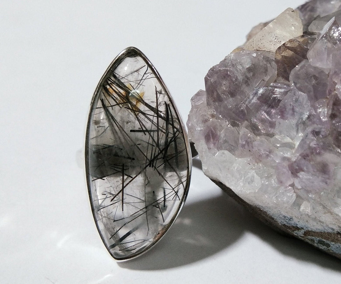 Natural Black Rutile Quartz Stone Ring, 925 Solid Starling Silver Ring, Black Rutile Ring, Handmade Silver Ring, Gift Wedding Jewelry Rings