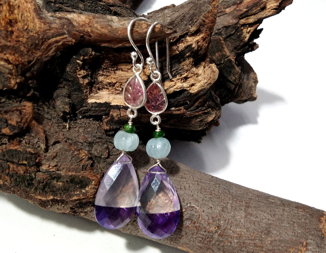 Amazing Natural Doublet Light & Dark Amethyst, Aquamarine, Tourmaline Mix Gemstone Earring, 925 Sterling Silver Jewelry For Girls/Women Gift