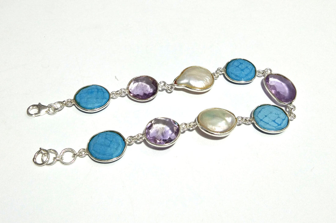 Amethyst/Water Baroque Pearl/Turquoise Stone Bracelet, 925 Sterling Silver Bracelet 8 inche Stone Size 12x12mm Valentine day Bracelet