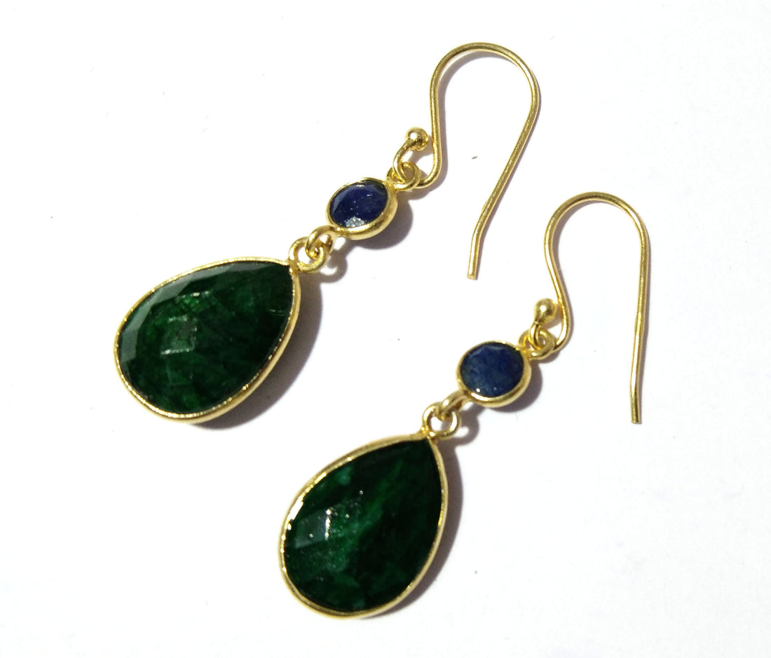 925 Sterling Silver Earring, Natural Emerald & Blue Sapphire With Gold Plated Earring, Beautiful Bezel Earring, For Girls/Women Gift