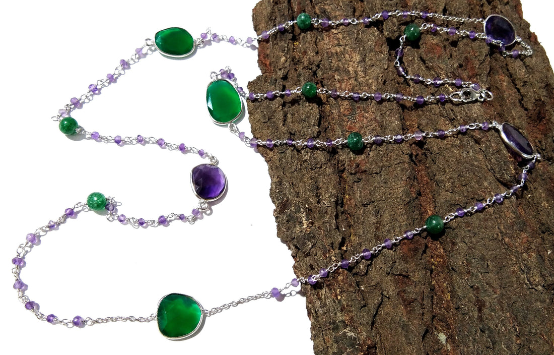 Very Beautiful Log Necklace ! ALL Natural Gemstone Beaded Necklace For Girls & Woman, 925 Starling Silver Log Necklace Length 36 inch