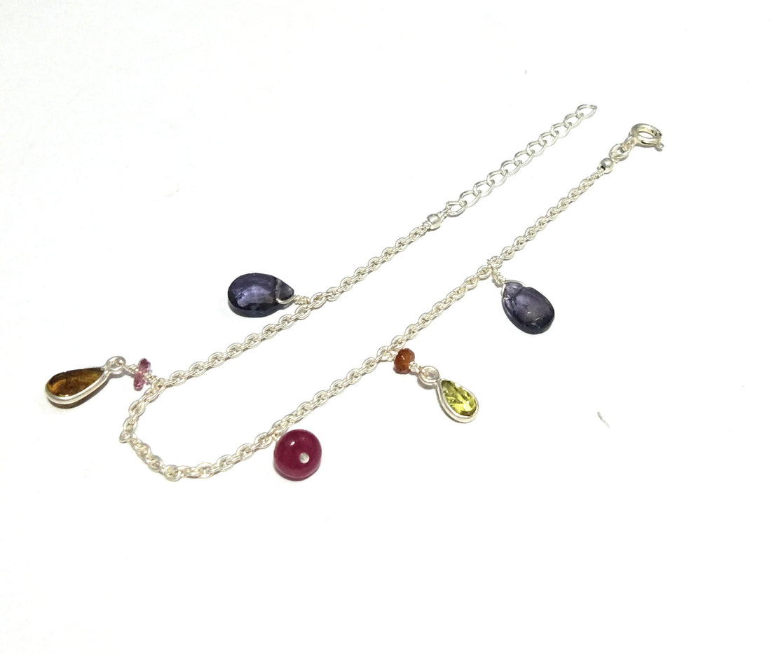 Natural Multi Tourmaline/Iolite Stone Chain Bracelet, 925 Sterling Silver Chain Stone Bracelet, Wedding Bracelet Gift Valentine day Bracelet