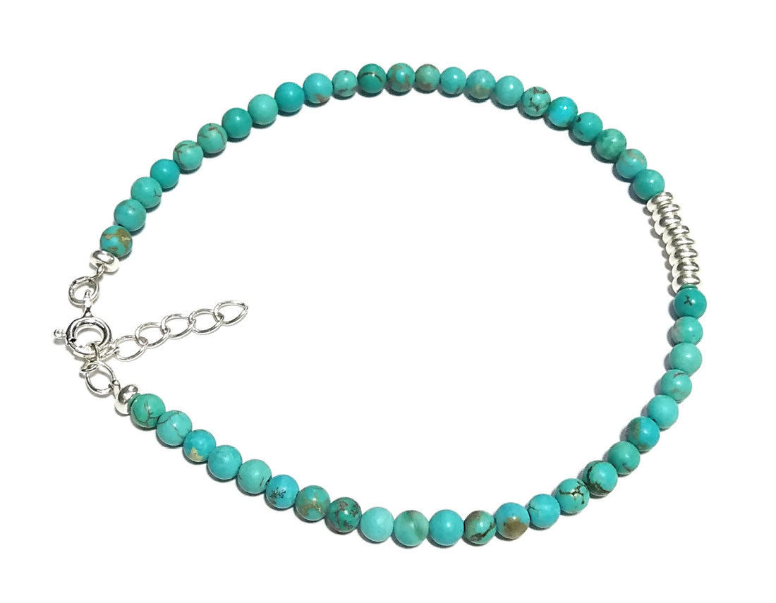 Natural Turquoise Gemstone Bracelet, Solid 925 Silver Wristlet Beaded Bracelet, Healing Crystal Beaded Bracelet, Men & Women Round Bracelet