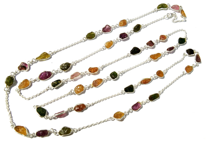 Beautiful Natural Gemstone Multi Color Tourmaline Rough Log Chen Necklace For Girls & Woman, 925 Starling Silver Log Necklace Length 44 inch