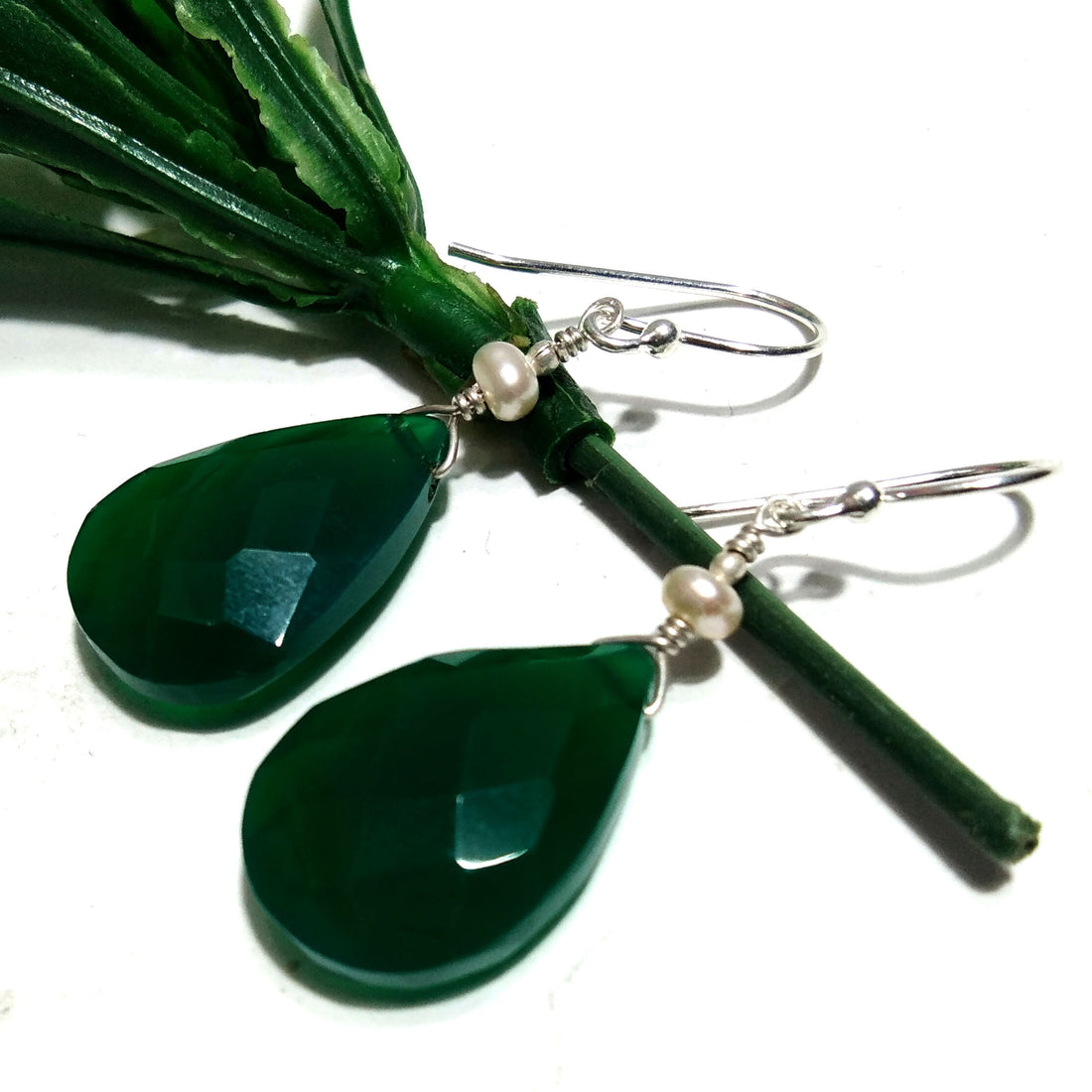 Very Beautiful Nice Earring, Green Onyx & Pearl Earring, 925 Starling Silver Handmade Making Earring, Gemstone Earring Gift For Girls/Women