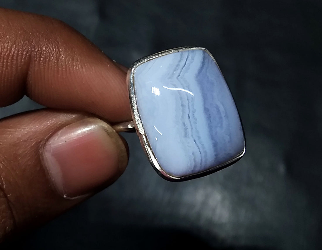 Natural Blue Lace Agate Gemstone Ring, 925 Solid Starling Silver Ring Jewelry, Stone Size 18x14mm Statement Ring, Gift Birthday Ring Jewelry