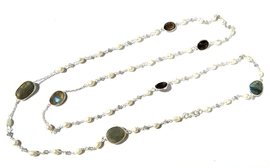 36'' Inch Log Beaded Necklace ! Lebradorite Necklace With Pearl & Smoky Quartz, 925 Sterling Silver Jewelry, Handmade Beaded Necklace.