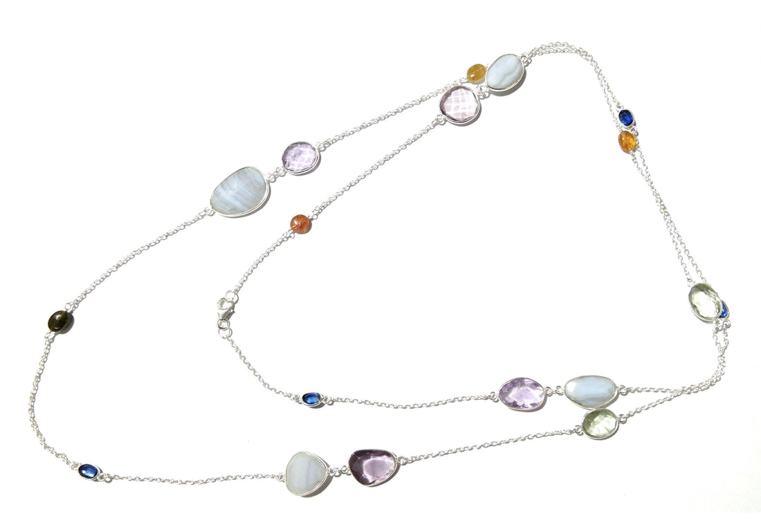 42'' Log Chain Bezel Necklace ! ALL Natural Gemstone Kyanite, Tourmaline, Amethyst & Blue Lace Necklace, 925 Solid Sterling Silver Jewelry.