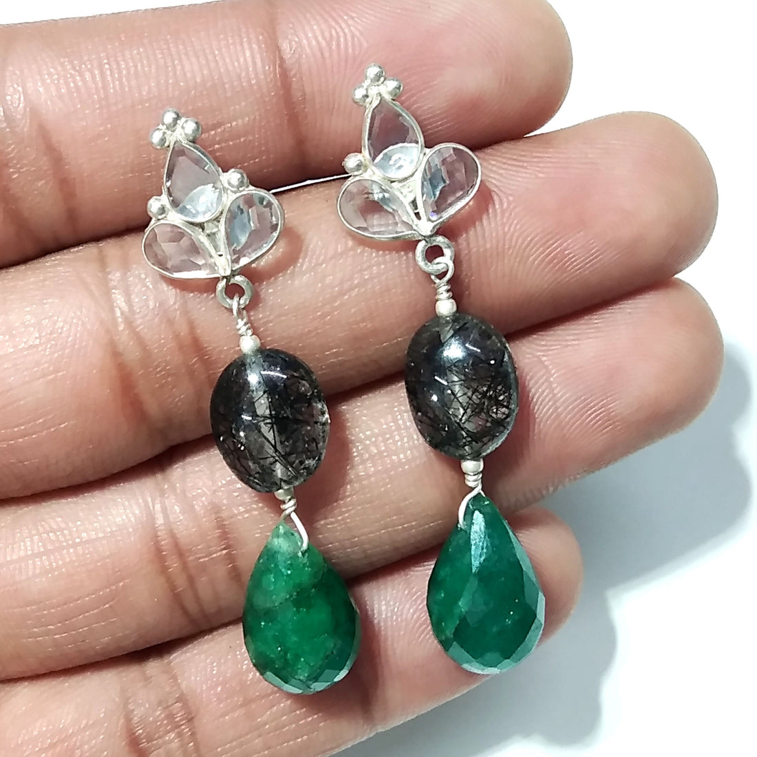 Beautiful Rutile Quartz/Zircon And Green Jade Gemstone Earrings ! 925 Silver With Natural Gemstone Zircon Faceted & Rutile Quartz Earrings