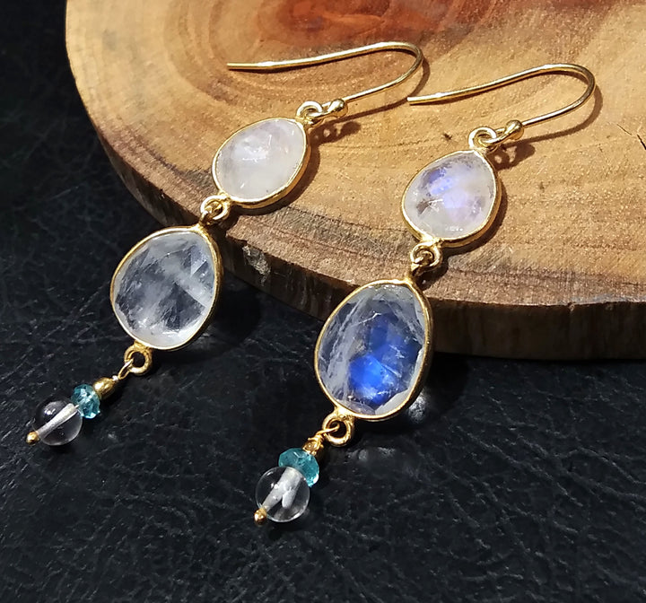 Natural Rainbow Moonstone Blue Fire Stone Earring, 925 Solid Starling Silver With Gold Plated Earring, Gift Item For Girls/Women Earring