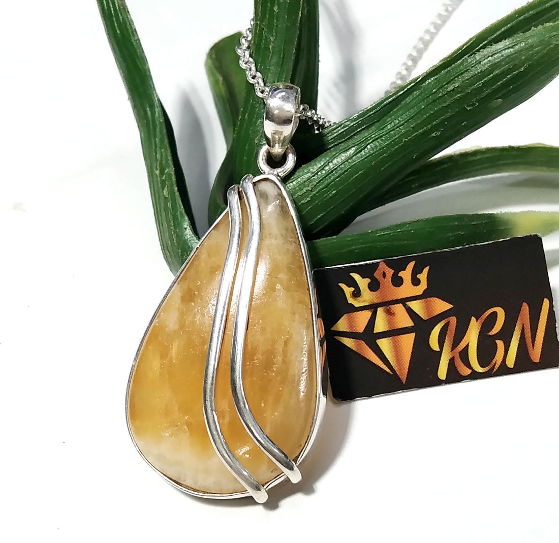 Natural Yellow Lace Agate Stone Chain Pendant Necklace, 925 Sterling Silver Pendant, Beautiful Color Yellow Agate Stone Pendant Gift For Her