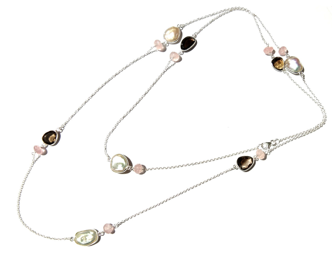 Very Beautiful Log Necklace ! Natural Gemstone Smoky Quartz, Rose Quartz & Pearl Log Beaded Necklace With 925 Starling Silver Length 40 inch