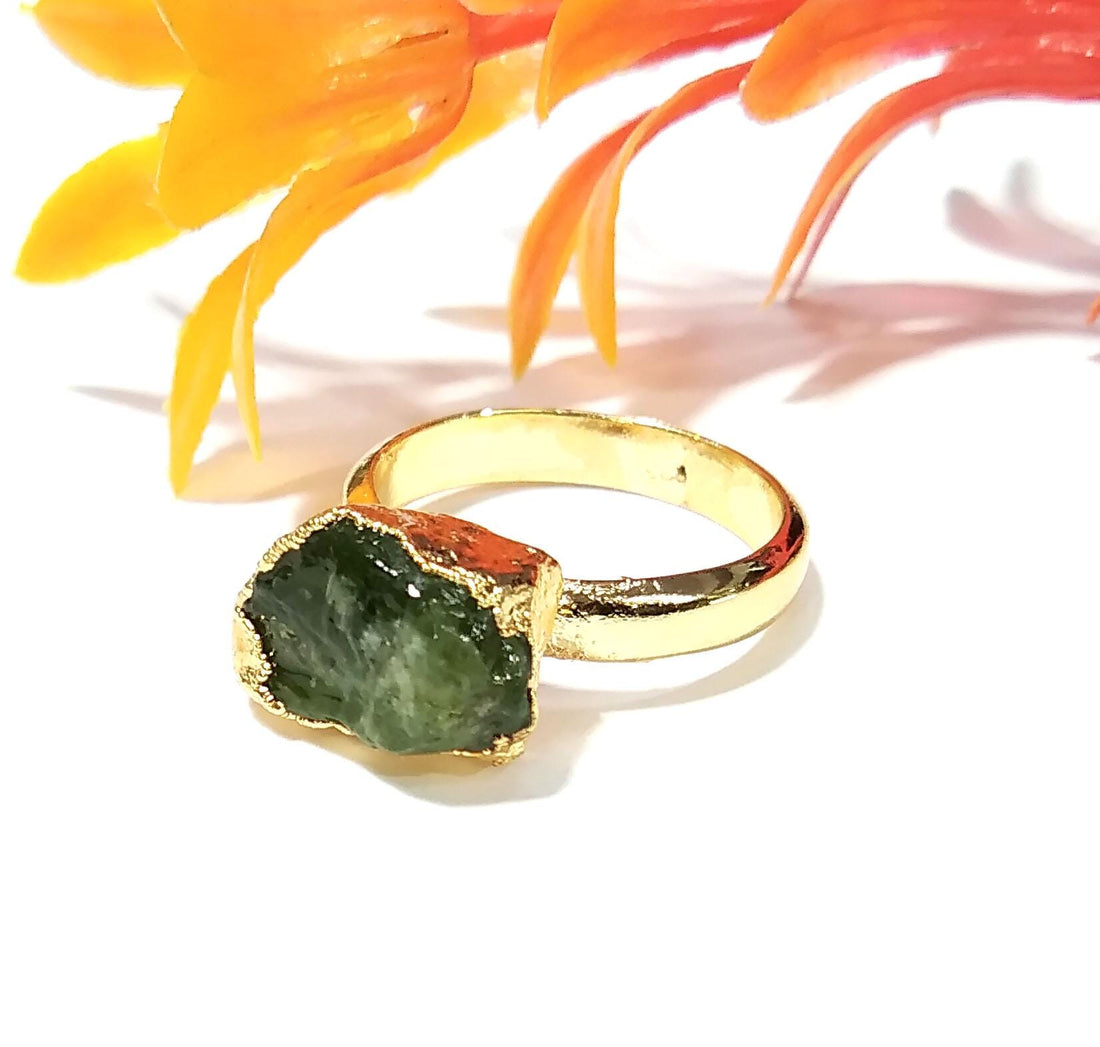 Peridot Raw Gemstone Ring, Solid 925 Sterling Silver Gold Plated Ring, Natural Peridot Rough Ring, Stone Size 12x8 mm Handmade Gift Ring