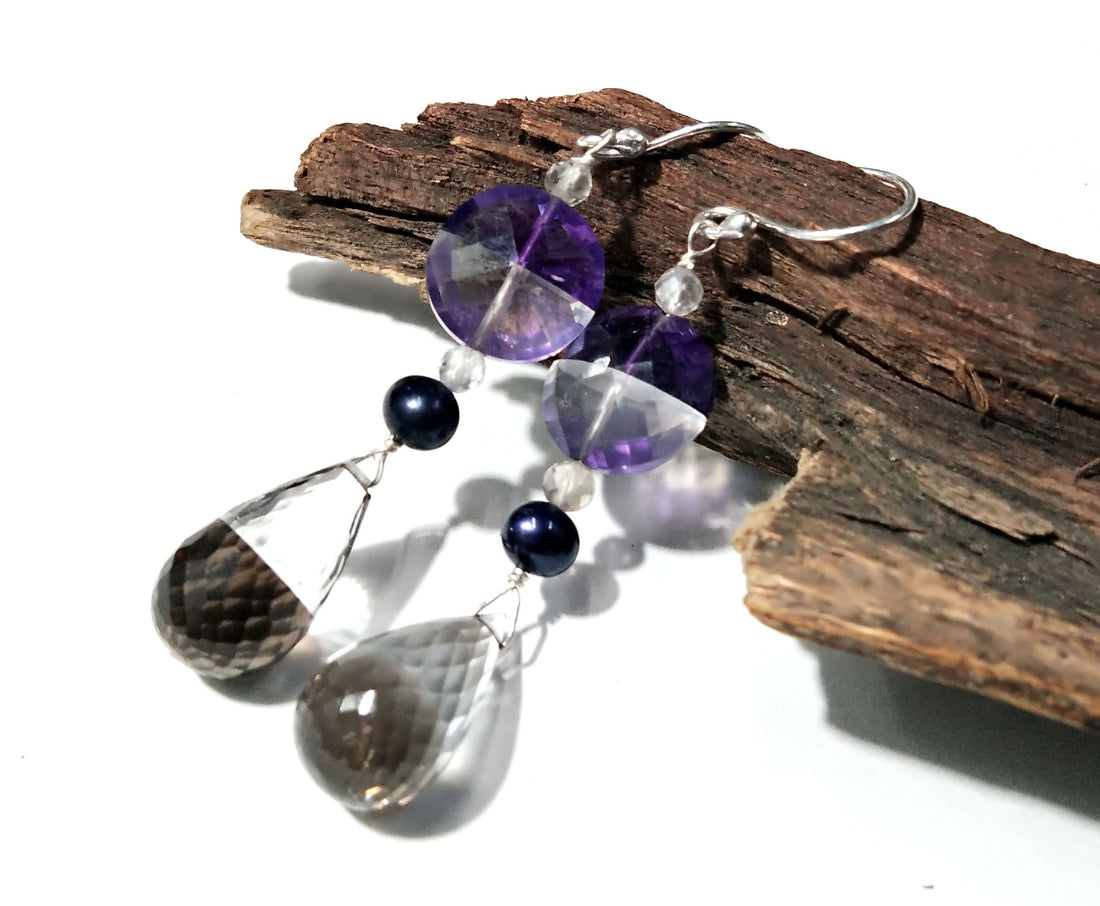 Very Fine Quality Amazing Color Natural Doublet Gemstone Amethyst, Crystal & Smoky Quartz With 925 Silver Multi Earring For Girls/Women Gift