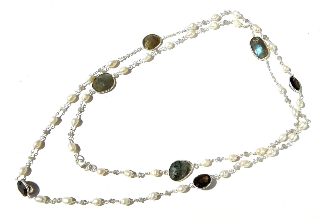 36'' Inch Log Beaded Necklace ! Lebradorite Necklace With Pearl & Smoky Quartz, 925 Sterling Silver Jewelry, Handmade Beaded Necklace.